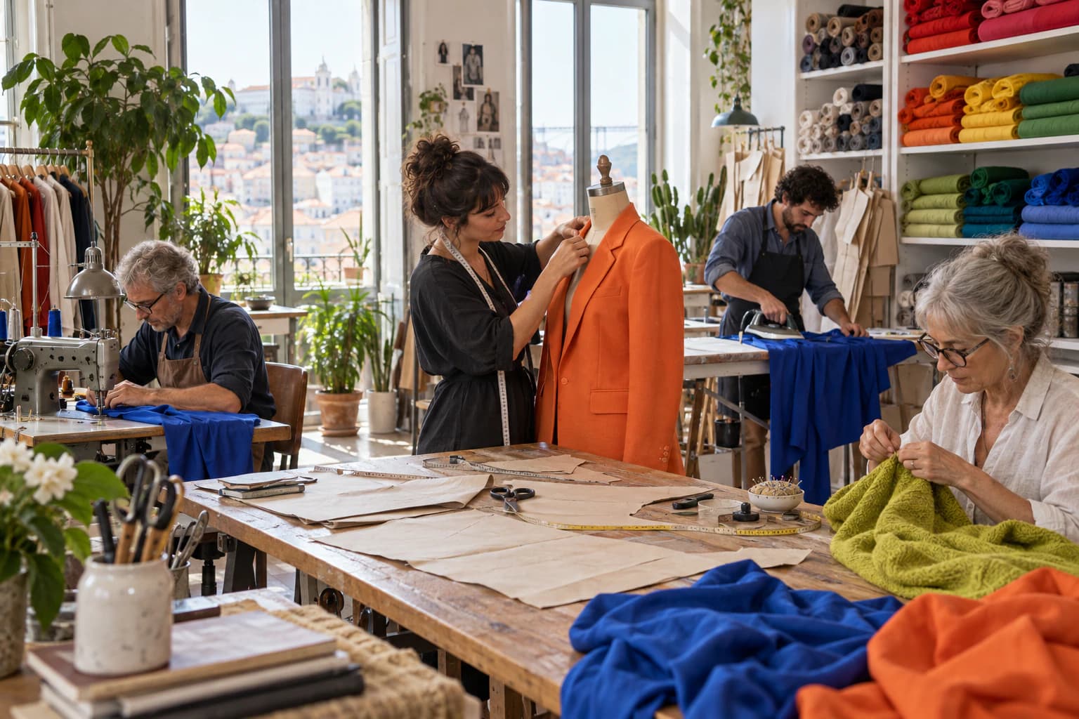 Artesanas cosiendo prendas de colores en un taller luminoso con estantes de telas