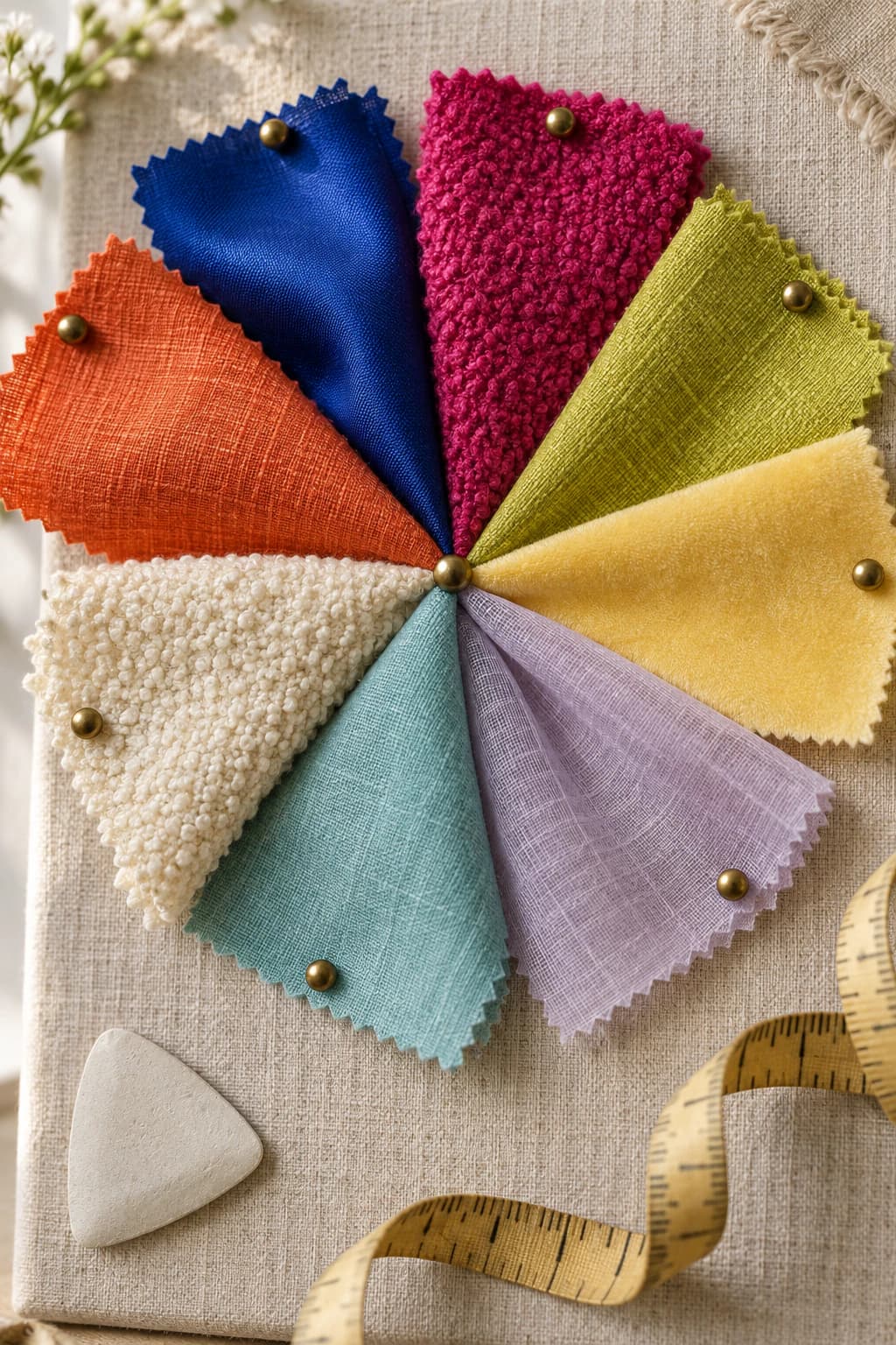 Abanico de muestras de tela en naranja, azul, fucsia, verde lima y amarillo clavadas en un tablero de lino